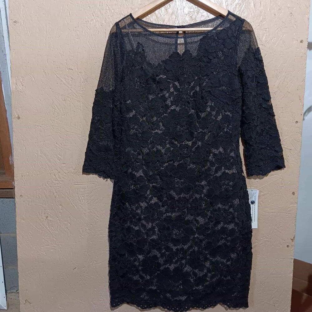 Aidan Mattox Womens Cocktail Dress Black Lace Mesh 3/4 Sleeve Size 10 NWT